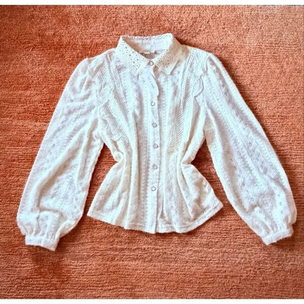 Ivy & Sage Lace Button Blouse Cream Romantic Puff Sleeve Shirt M NWT